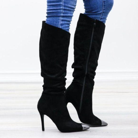 Pointy Toe Below The Knee Black Boots Faux Suede - Picture 14 of 16